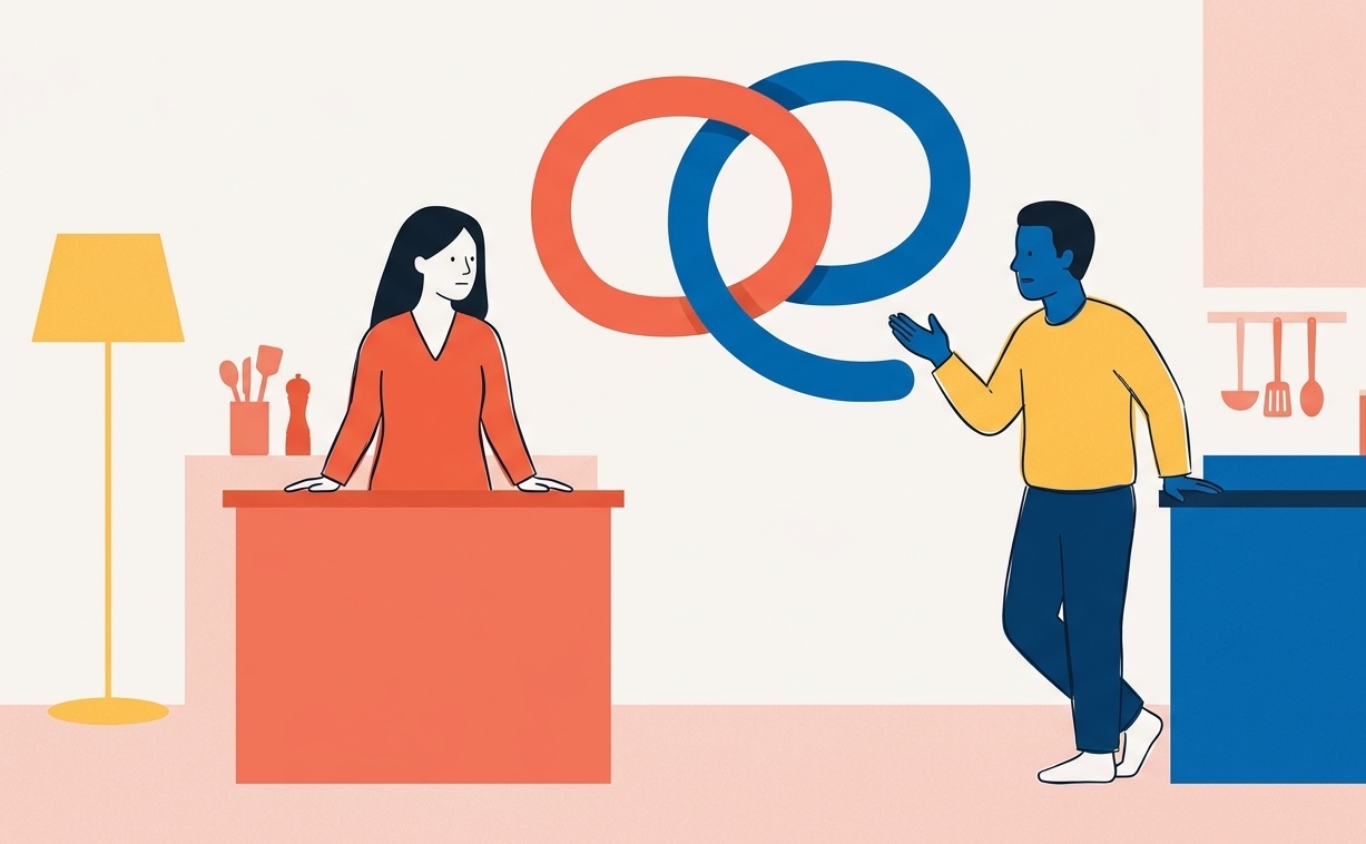 An illustration of a couple in a kitchen, in conflict but reaching toward each other